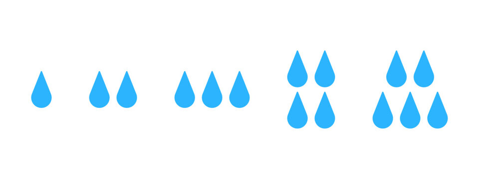 Water Drops Icons. Blue Droplets Isolated On White Background. Humidity Level Meter Infographic Elements. Potable Aqua, Moisture, Purification, Thirsty, Rainy Weather Pictograms. Vector Illustration