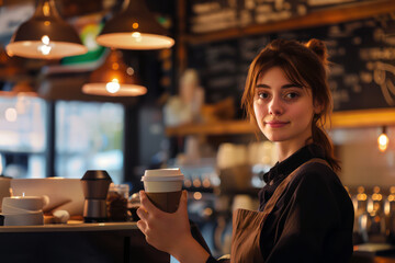 Friendly barista serving warm takeout coffee in a cozy cafe setting