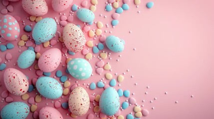 Fototapeta na wymiar Colorful Easter eggs among candies on pink pastel background and space for text. Festive Easter decoration with patterned eggs and sweet confections.