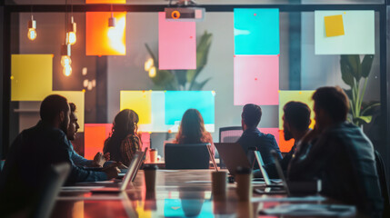 Creative corporate team in brainstorming session with colorful office environment
