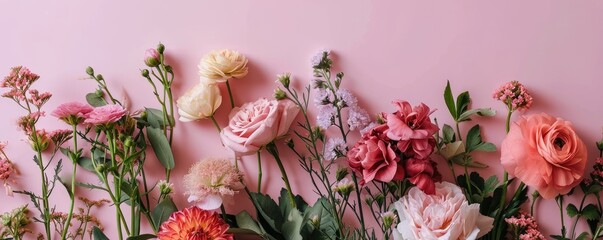 Romantic flower arrangement against a pastel pink background