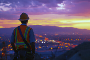 Construction manager overseeing urban development at sunset with cityscape background