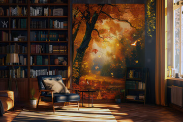 Cozy autumn-inspired reading nook with bookshelves and warm sunlight