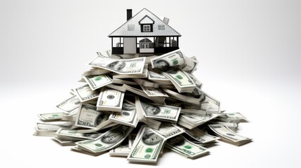 real estate concept image. house on bunch of bank note.  - obrazy, fototapety, plakaty
