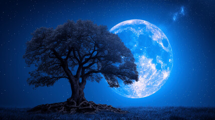 Blue Moon and Tree in Field