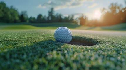 A lovely golf ball poised on the lip of a cup on a beautiful golf course - obrazy, fototapety, plakaty