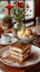 A meticulously assembled tiramisu rests on the table, exuding the irresistible aroma of coffee and cocoa. Tiramisu with layers of mascarpone cream and biscuits soaked in coffee.