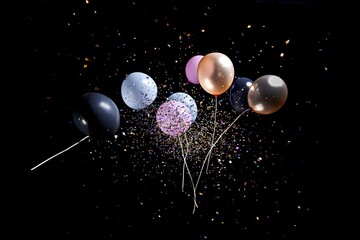 Fototapeta premium flying party and Holiday decoration and balloons with confetti in the air on black