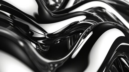 Glistening fluid waves in black and white hues chromatic backdrop. Silver-colored glossy metal...