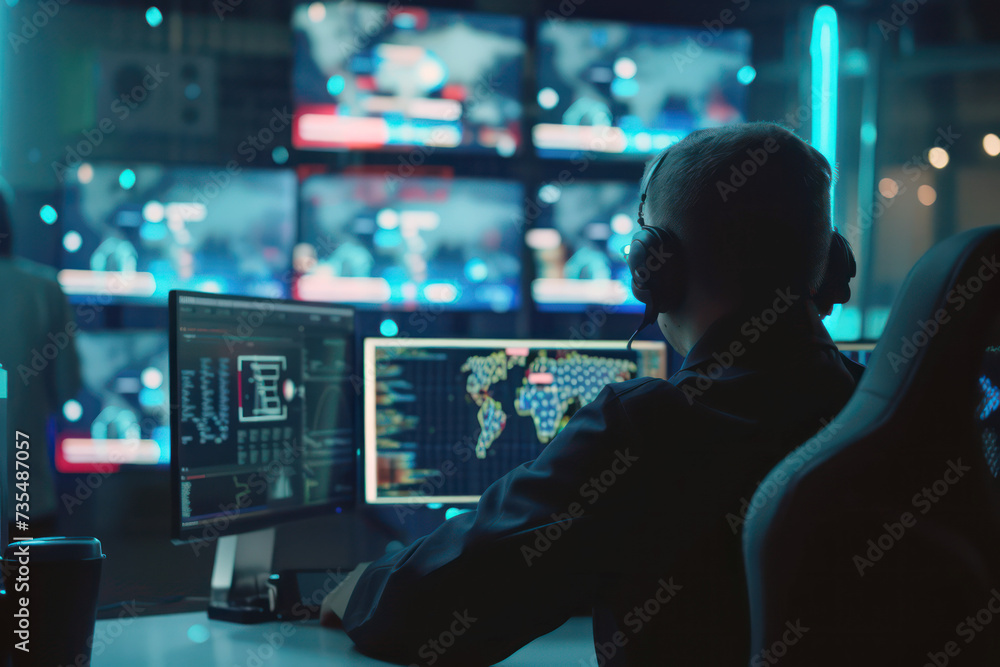 Aufkleber cybersecurity team monitoring network in high-tech security operations center