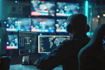 Cybersecurity team monitoring network in high-tech security operations center - obrazy, fototapety, plakaty