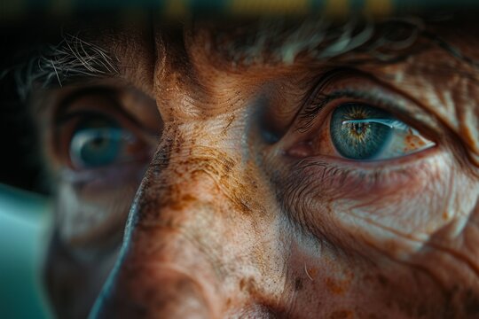 Close Up Of A Man's Intense Eyes, Skin Etched With Dirt And Experience, Revealing A Story Of Perseverance And Rugged Determination In Harsh Conditions