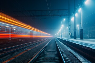 Fototapeta na wymiar Railway station at night with Motion blur effect. Platform in fog.