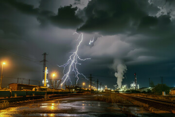 Dramatic industrial skyline under lightning storm at night