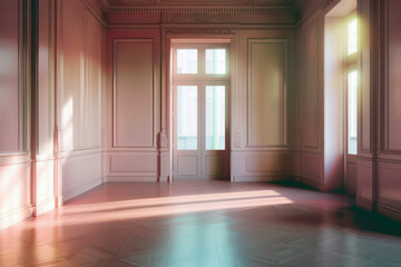 Modern minimalist interior with bright pink walls and sunlight shadows