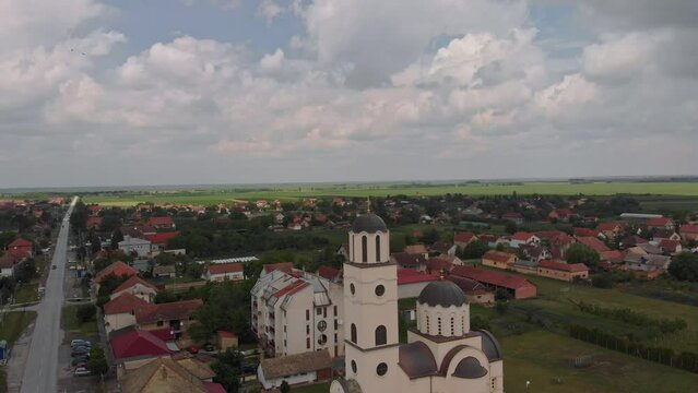 Aerial View of Ortodox Church in Town of Sirig on beautiful sunny day, Vojvodina, Serbia