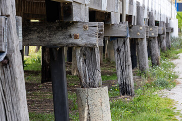 The wooden Largs and concrete reinforcements on the Largs North in South Australia on 18th September 2023