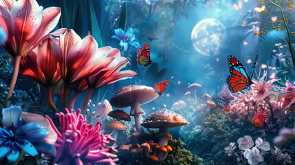 Magical enchanted forest with glowing mushrooms and moonlight