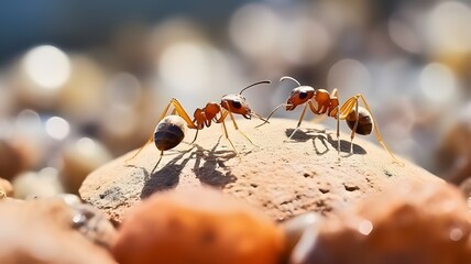 Close-up macro shot of ants bathed in natural sunlight on the pebble background