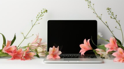 Laptop surrounded by flowers. There are no distractions on the laptop screen. The flowers are placed carefully, showing off their beauty without overshadowing the main subject