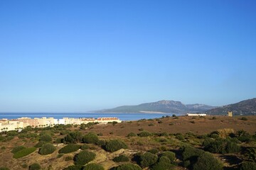 view over parts of Tarifa towards the Atlantic Ocean and the mountains, Costa de la Luz, Andalusia,...