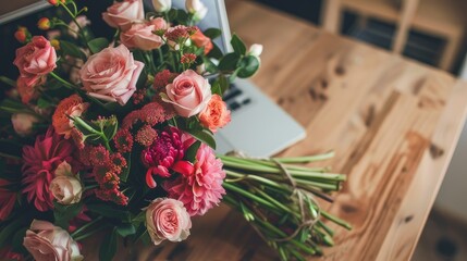 arrangement of laptop and bouquet of flowers. Everything is neatly organized and aligned to create a sense of order and professionalism.