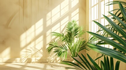 lush greenery of tropical palm leaves to add brightness and contrast to the beige walls and windows.