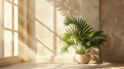 lush greenery of tropical palm leaves to add brightness and contrast to the beige walls and windows.