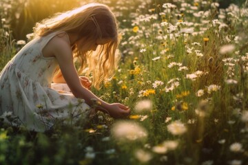 a child, gathering flowers on meadow