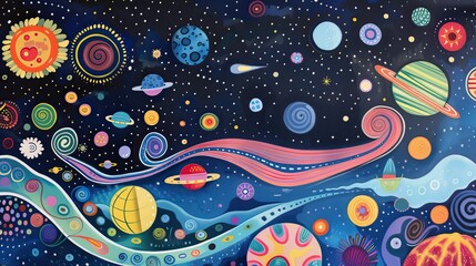 Naklejka premium A universe with planets and stars. Abstract colorful wallpaper in cartoon style.