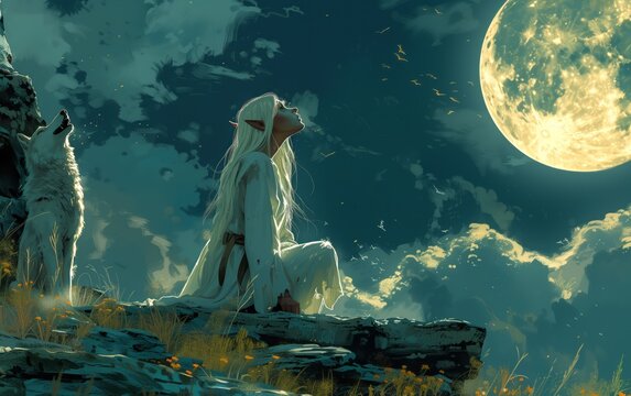 elfa dai capelli bianchi che ulula alla luna insieme ad un lupo bianco