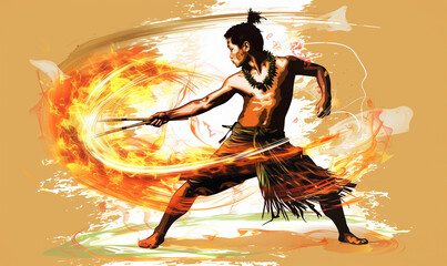 illustration of a hawaiian kahiko dancer twirling fire at a nighttime luau