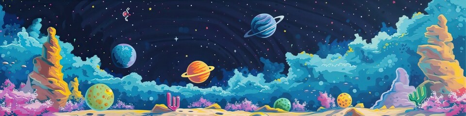 Naklejka premium A universe with planets and stars. Abstract colorful wallpaper in cartoon style.