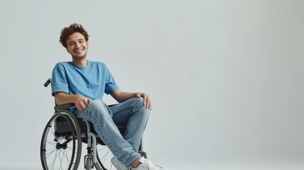 white man with a physical disability smiling and sitting in a wheelchair dressed in jeans, a blue t-shirt, positioned against a white background, Fashion mockup, Lifestyle, Stylish studio background