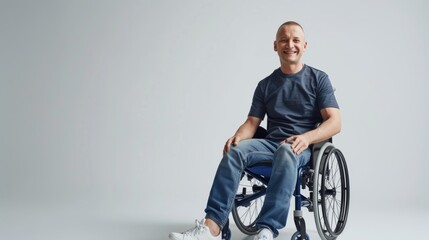 white man with a physical disability smiling and sitting in a wheelchair dressed in jeans, a blue t-shirt, positioned against a white background, Fashion mockup, Lifestyle, Stylish studio background