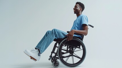 black man with a physical disability smiling and sitting in a wheelchair dressed in jeans, a blue t-shirt, positioned against a white background, Fashion mockup, Lifestyle, Stylish studio background