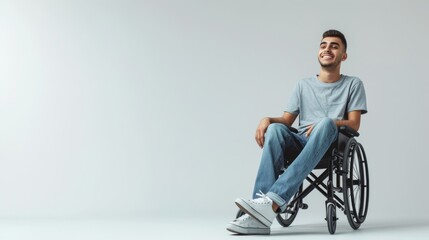 white man with a physical disability smiling and sitting in a wheelchair dressed in jeans, a blue t-shirt, positioned against a white background, Fashion mockup, Lifestyle, Stylish studio background