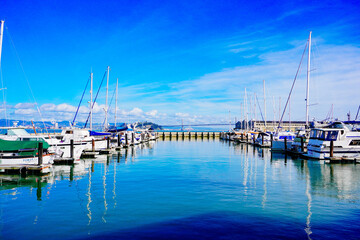 Fototapeta na wymiar San Francisco, CA, USA: 01 17 2024: San Francisco fisherman's wharf pier landscape