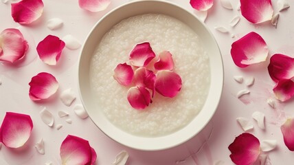 minimalist presentation of congee rose, served in a white bowl with a pattern of rose petals arranged on top