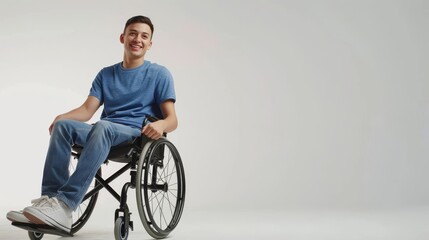 white man with a physical disability smiling and sitting in a wheelchair dressed in jeans, a blue t-shirt, positioned against a white background, Fashion mockup, Lifestyle, Stylish studio background