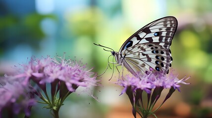 Close-up capture of a colorful butterfly resting on flower with a dreamy blurred backdrop
