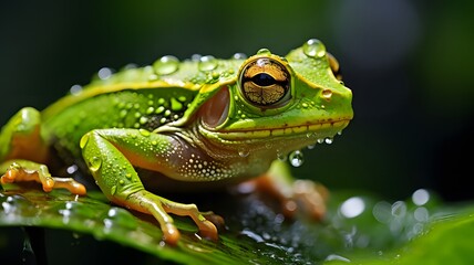 Obraz premium Macro shoot of a frog on a green leaf with dewdrops, in the soft morning light, focusing on intricate details of its body structure