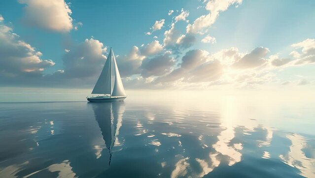 A tranquil seascape with a single sailboat powered purely by solar energy symbolizing the move towards a cleaner and greener future for the marine industry through decarbonization