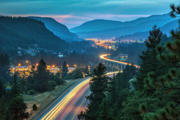 Illuminated nighttime highway with light trails in scenic landscape