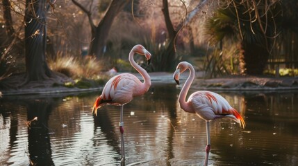 Serene Flamingos in Shallow Lake with Vibrant Pink Feathers AI Generated.