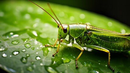 Fototapeta premium Macro photography of a charming grasshopper on a green leaf with dewdrops