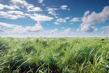 Fototapeta na wymiar Serene open field with green grass and cloudy sky landscape