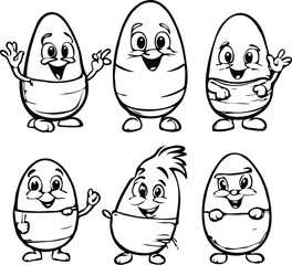 Obraz premium Outlined easter egg cartoon mascot character in different. funny easter eggs. set of eggs. vector hand drawn collection set