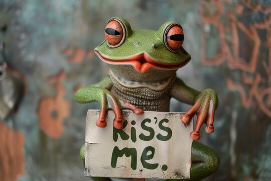 a green lady frog with lips ready for kissing, holding a sign that humorously reads "kiss me". 3d, macro photo realistic. Generative AI
