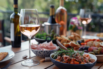 Obraz na płótnie Canvas Gourmet Mediterranean feast with wine and fresh antipasto spread